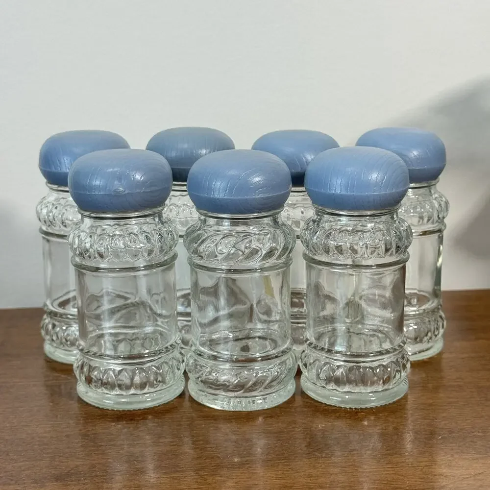 Set of 7 Vintage Clear Glass Shakers with Country Blue Plastic Caps Spice Salt